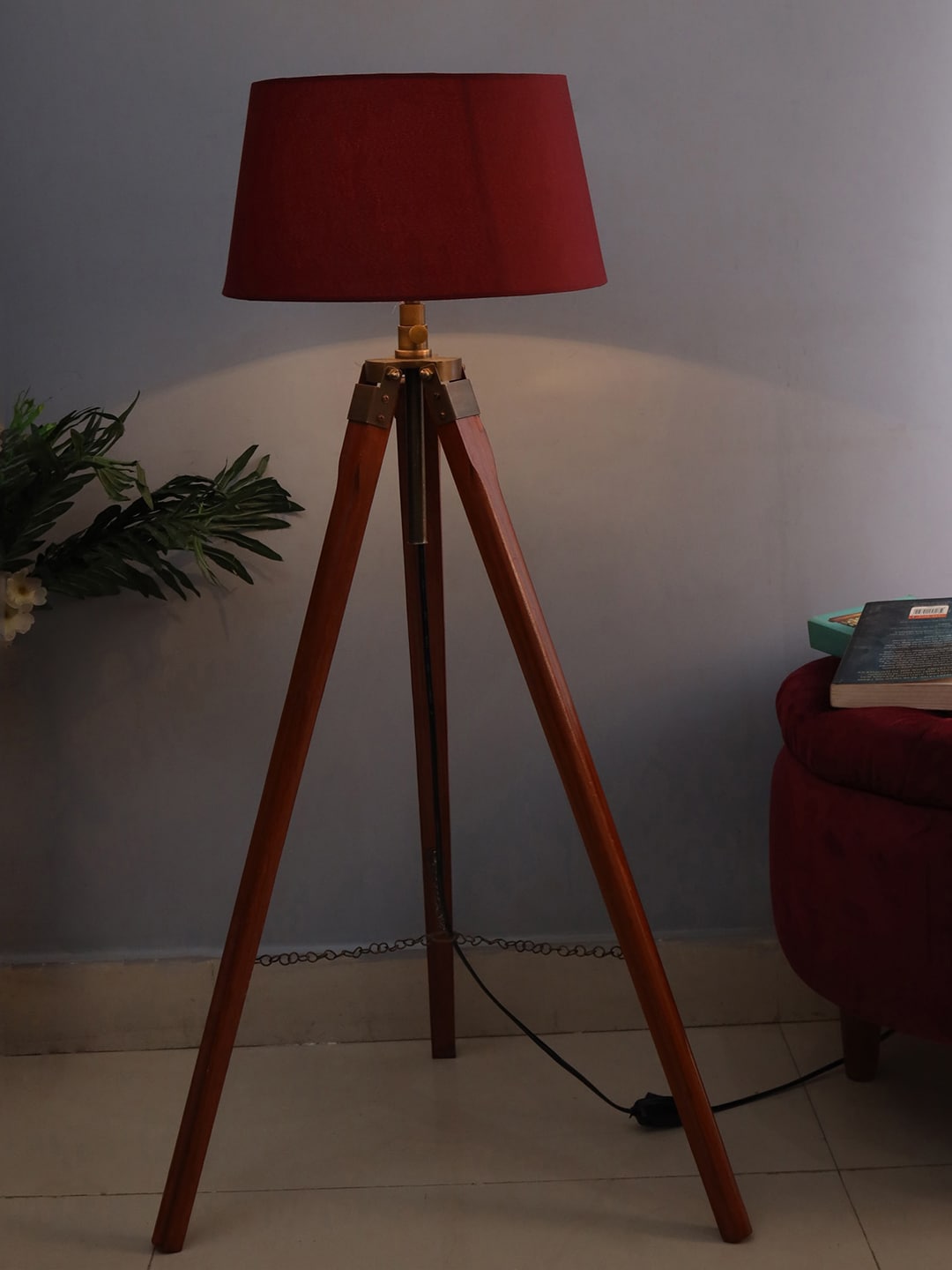 Homesake Maroon & Brown Solid Classic Country Wooden Tripod Lamp Price in India
