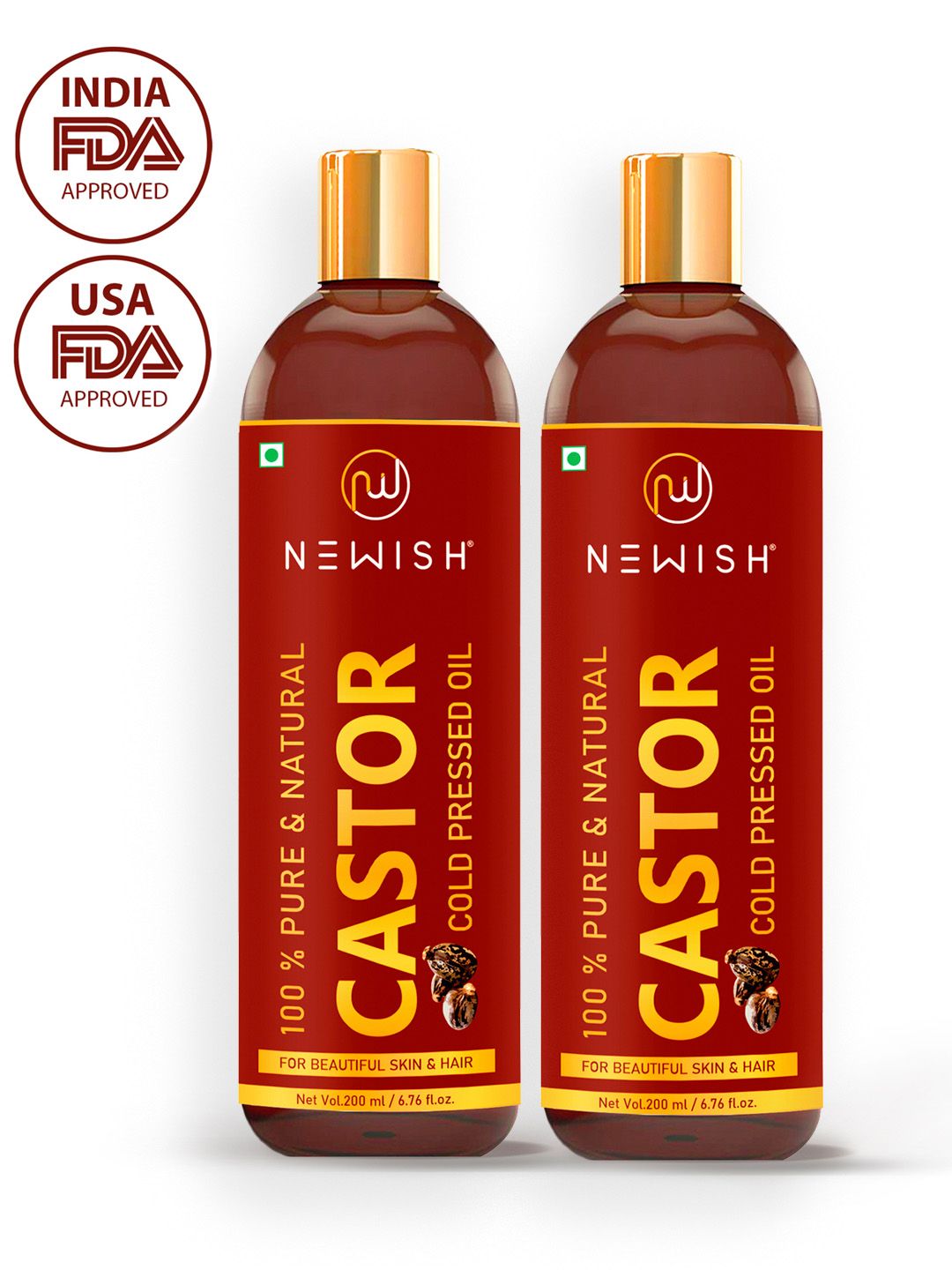 NEWISH Set of 2 Pure & Natural Cold Pressed Castor Oil for Hair & Skin Price in India