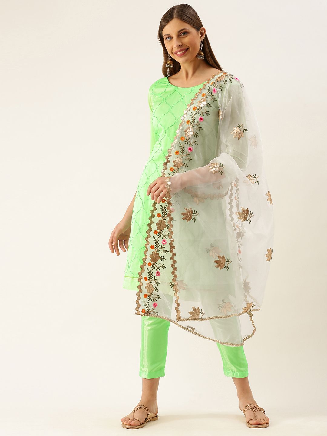 LADUSAA Green Cotton Blend Embellished Unstitched Dress Material Price in India