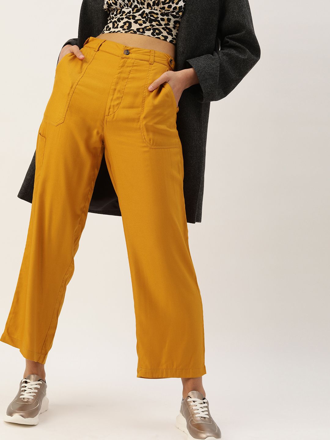 Style Quotient Women Mustard Yellow Flared Solid Parallel Trousers Price in India