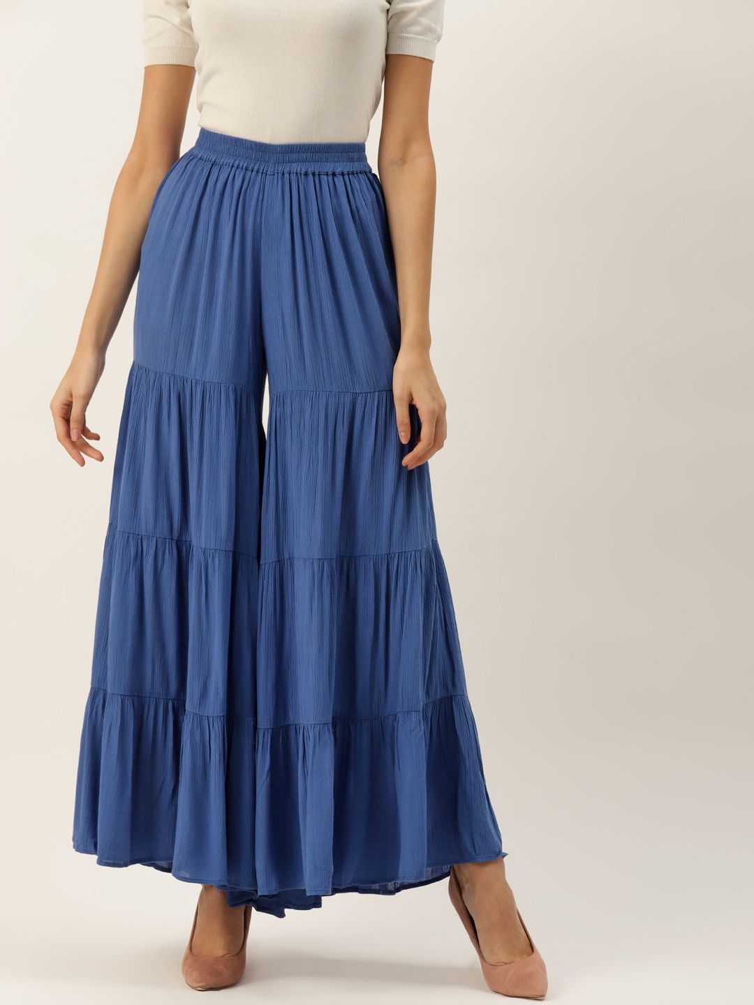 PIRKO Women Blue Solid Tiered Flared Palazzos