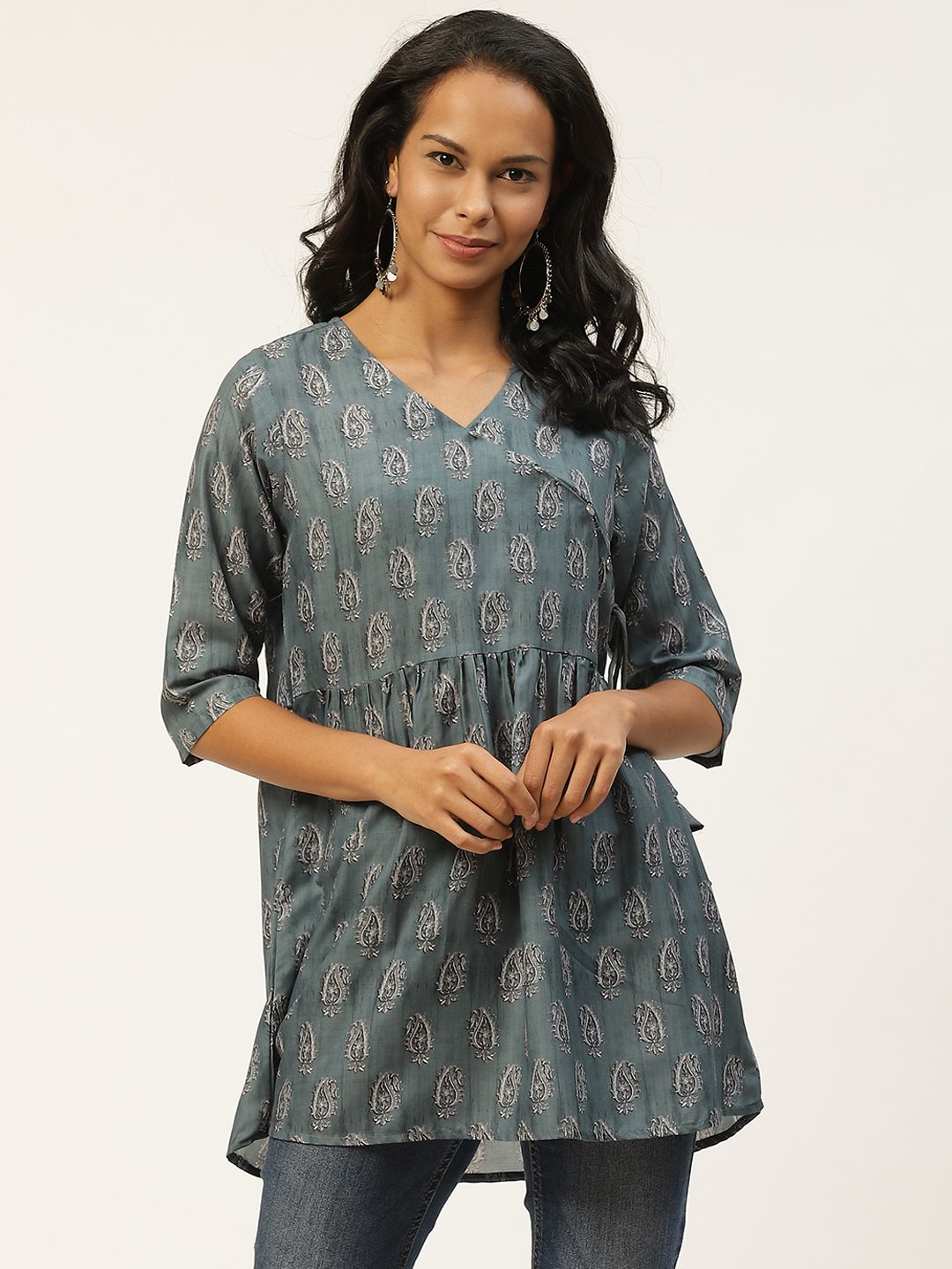 shiloh Green Ethnic Print Angrakha A-Line Kurti