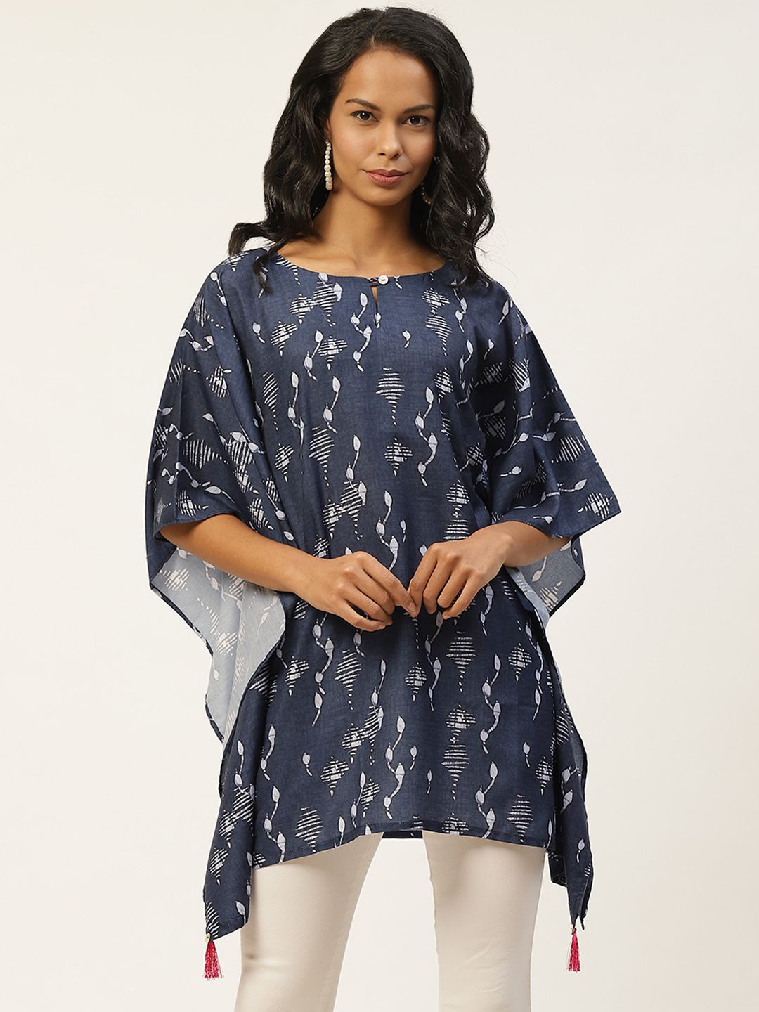 shiloh Women's Navy Blue & Off-White Printed Kaftan Style Tunic Price in India