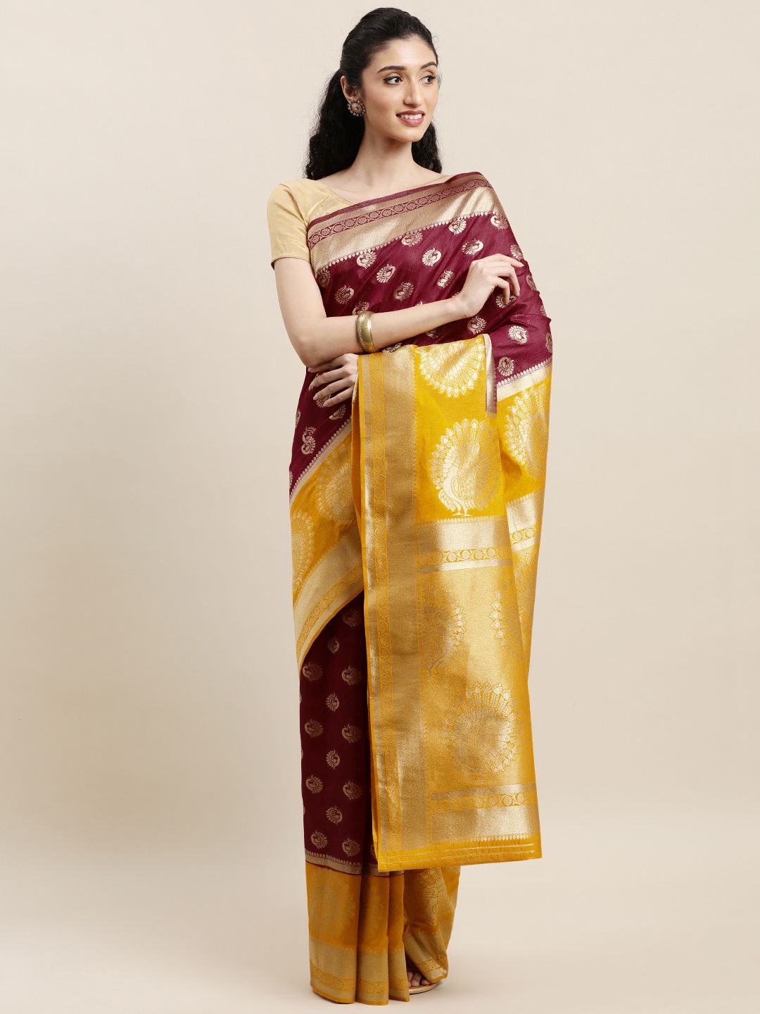 Mitera Maroon & Yellow Ethnic Motifs Zari Silk Blend Banarasi Saree
