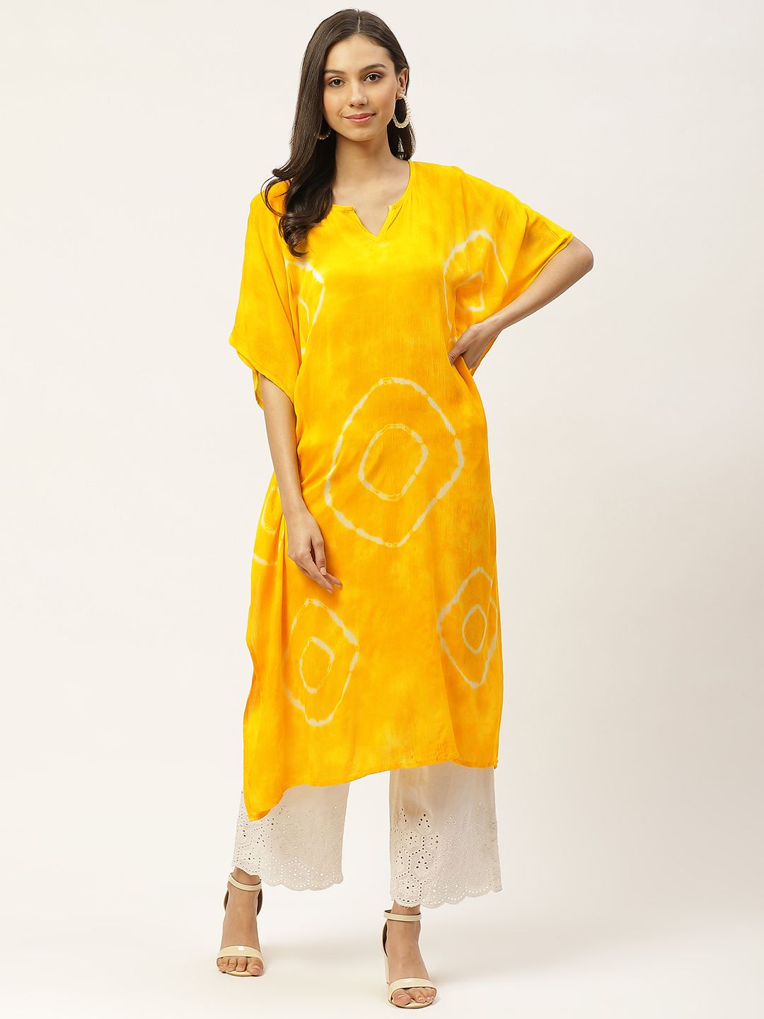 Maaesa Women Yellow & White Hand Dyed Asymmetric Kaftan Kurta Price in India