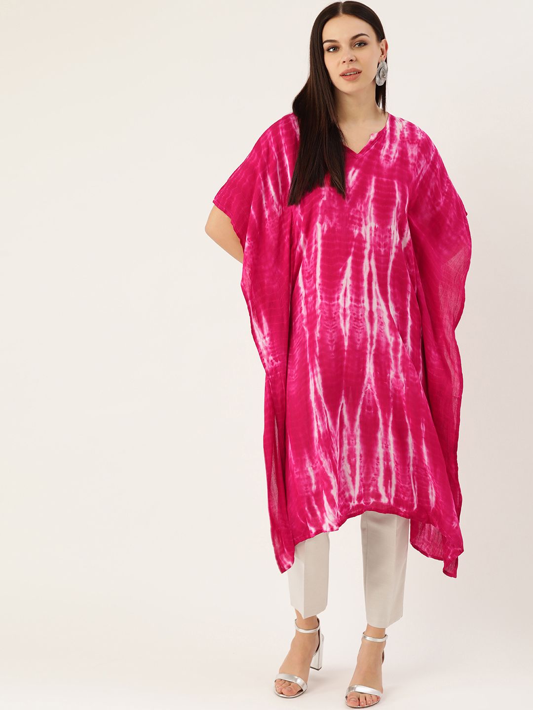 Maaesa Women Pink & White Hand Dyed Asymmetric Kaftan Kurta Price in India