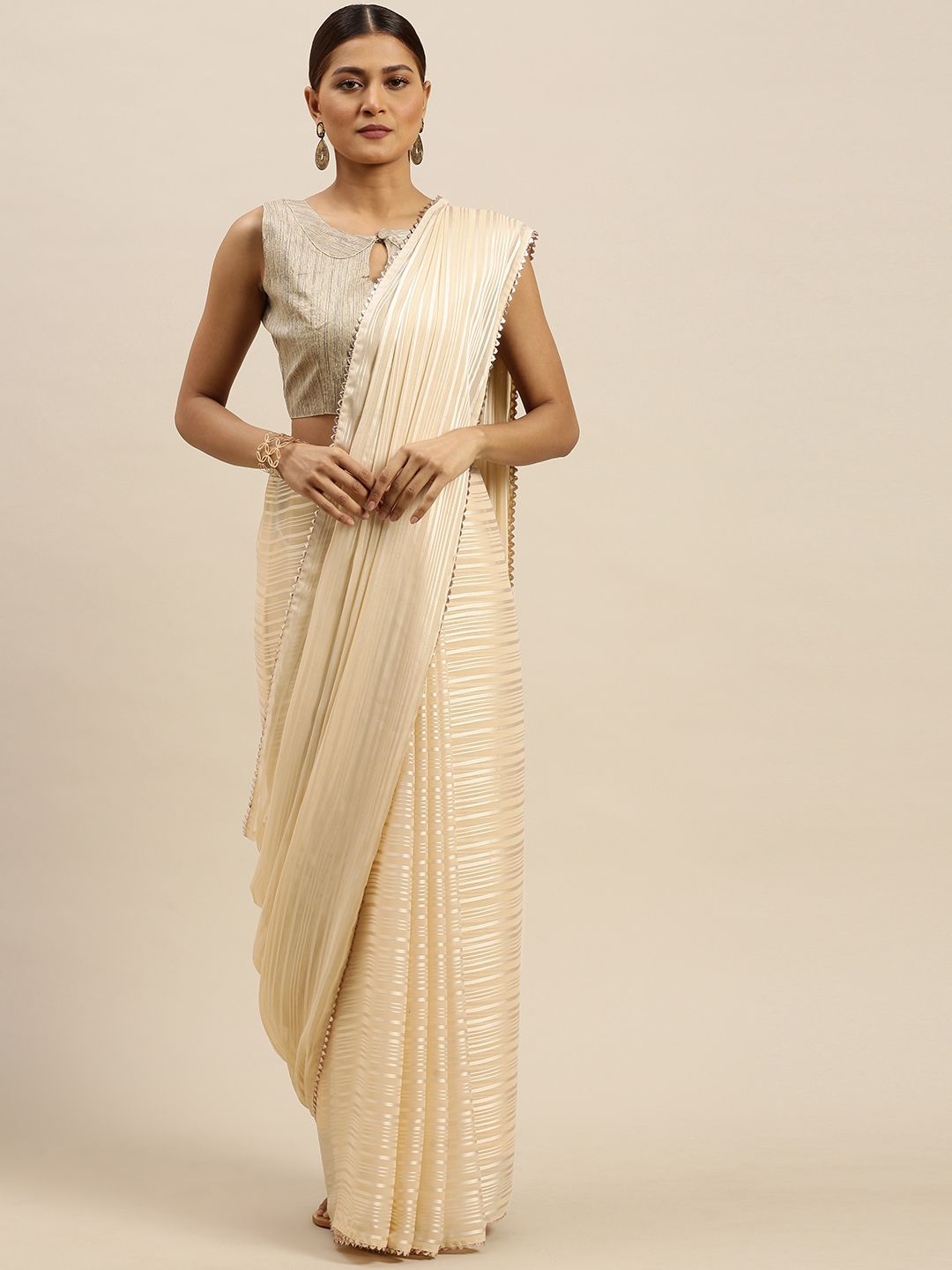 Saree mall Cream-Coloured Pure Georgette Striped Mysore Silk Saree Price in India