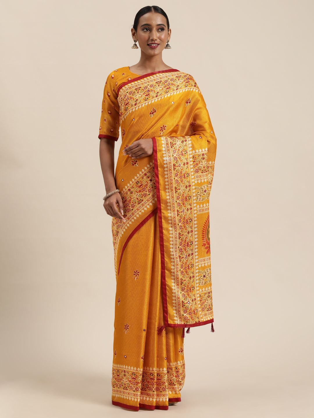 Saree mall Mustard Yellow Printed Jute Silk Saree Price in India