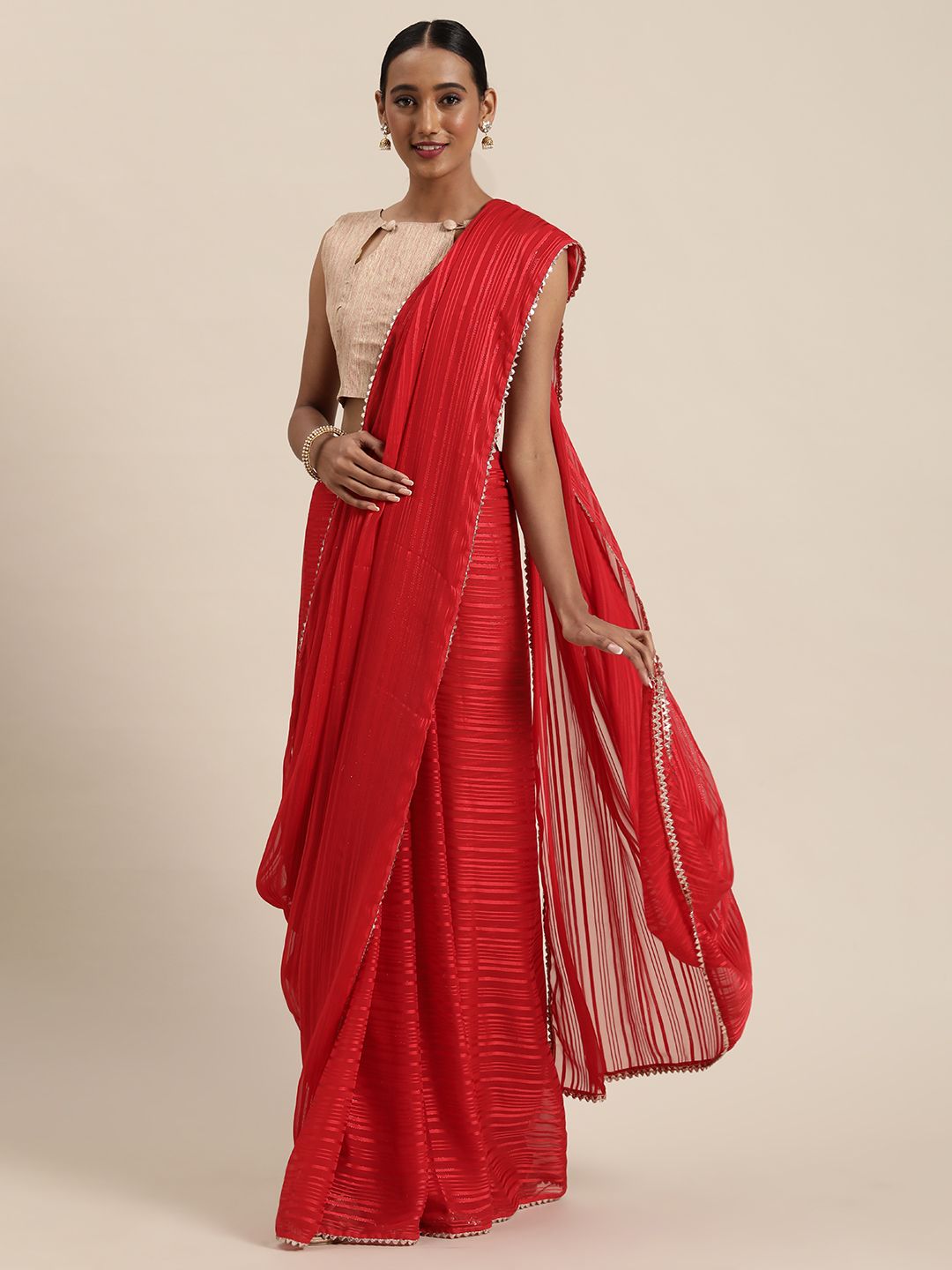 Saree mall Red Pure Georgette Striped Mysore Silk Saree Price in India