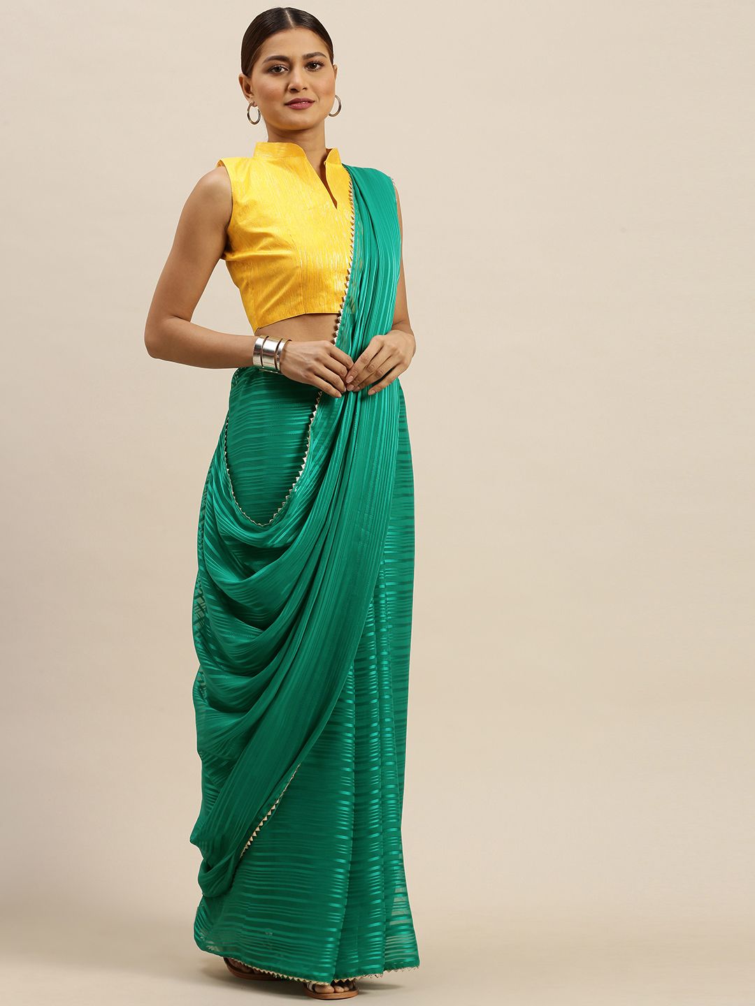 Saree mall Green Pure Georgette Striped Mysore Silk Saree Price in India