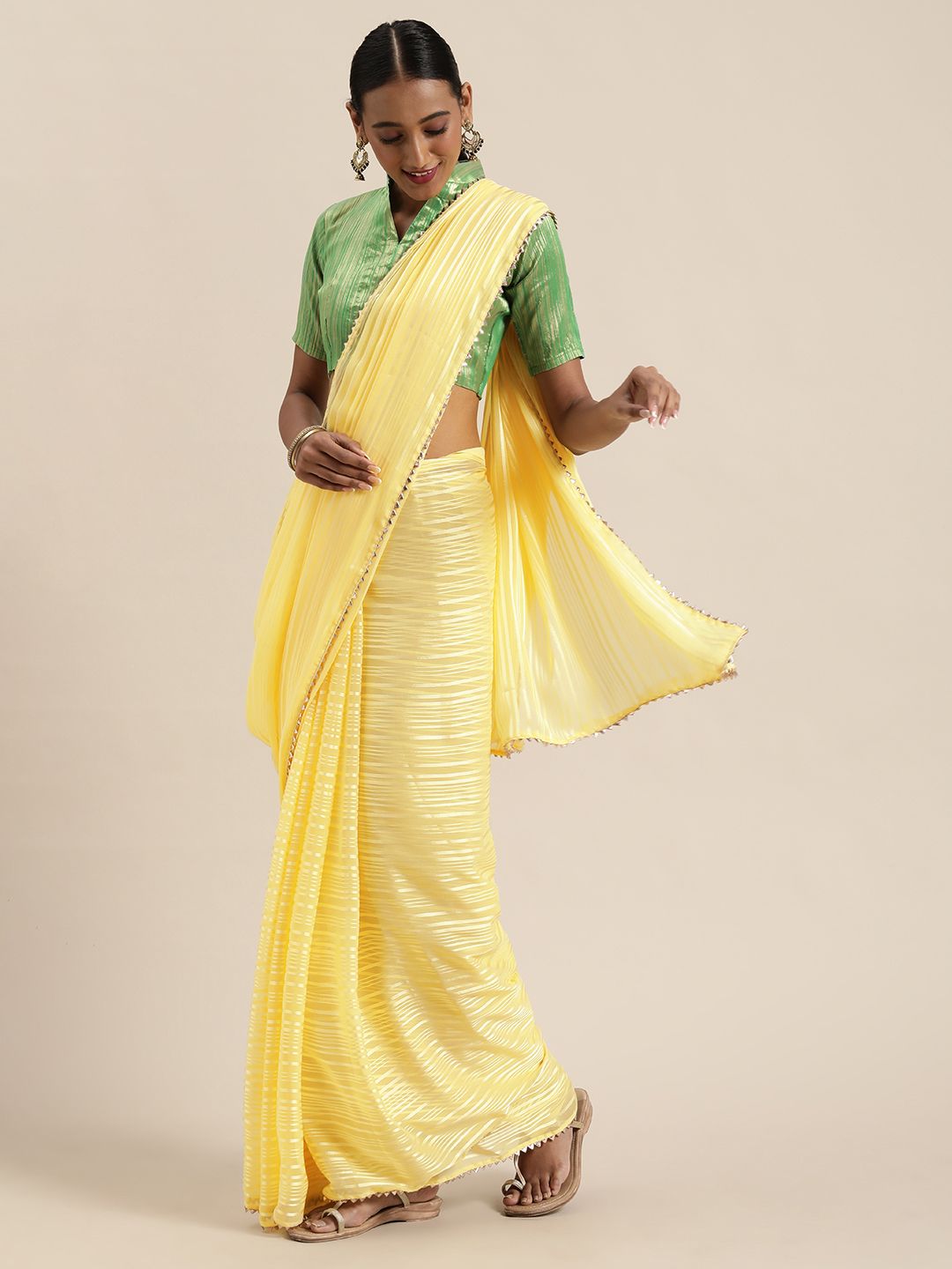 Saree mall Yellow Pure Georgette Striped Mysore Silk Saree Price in India