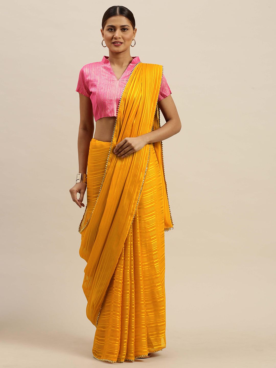 Saree mall Mustard Pure Georgette Striped Mysore Silk Saree Price in India