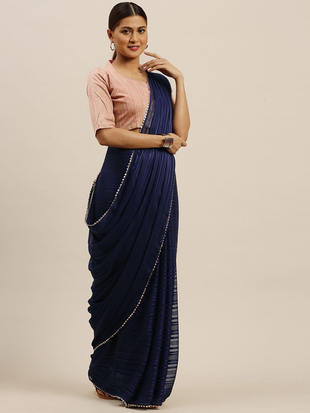 Saree mall Navy Blue Pure Georgette Striped Mysore Silk Saree Price in India