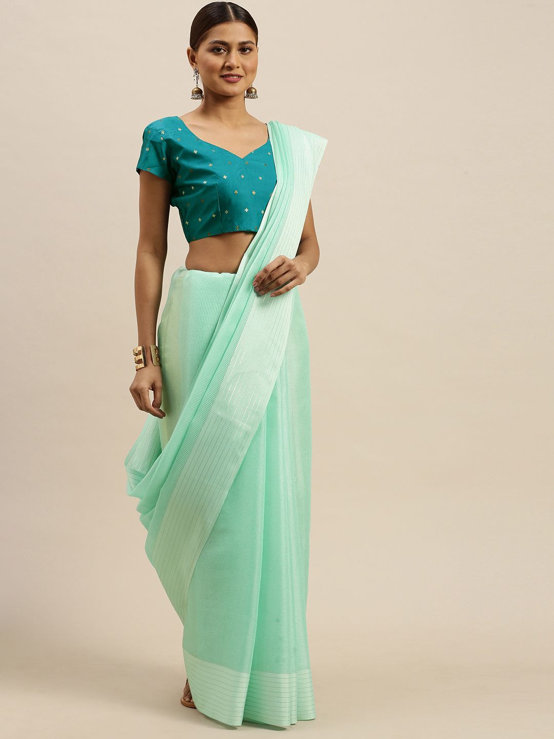 Saree mall Sea Green Solid Fancy Net Mysore Silk Saree Price in India