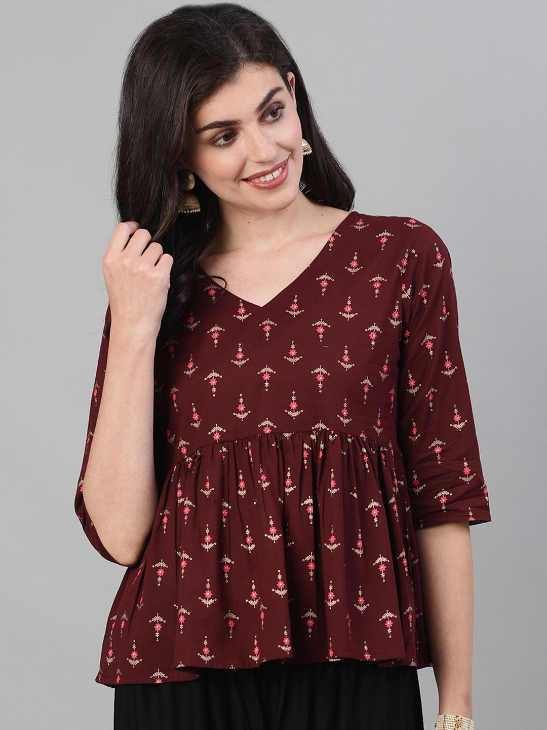 Nayo Burgundy  White Floral Printed Pure Cotton Top Price in India