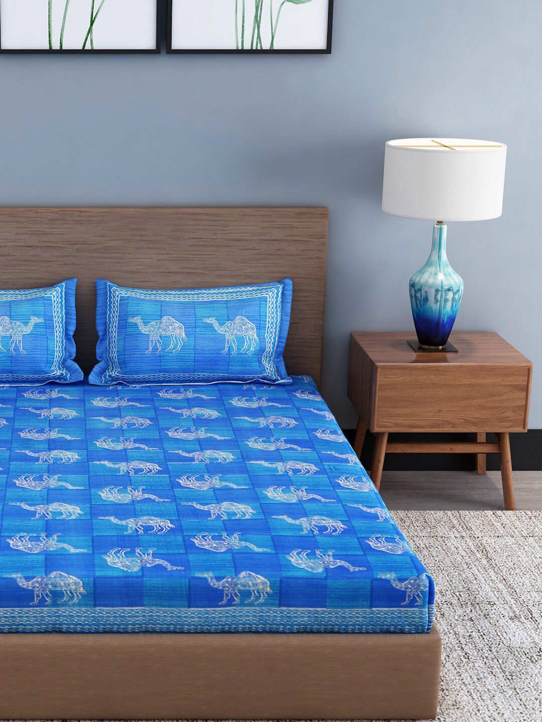Gulaab Jaipur Blue Geometric 400 TC Cotton 1 King Bedsheet with 2 Pillow Covers Price in India
