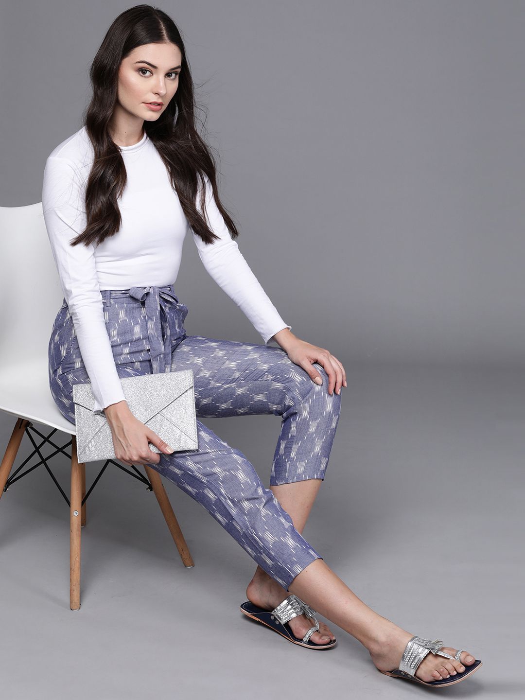 Fabindia Women Blue & White Tapered Fit Printed Pure Cotton Cropped Trousers With Tie-Ups Price in India