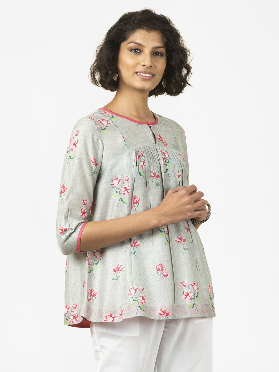 Fabindia Blue & Pink Floral Printed Keyhole Neck Pleated A-line Top Price in India