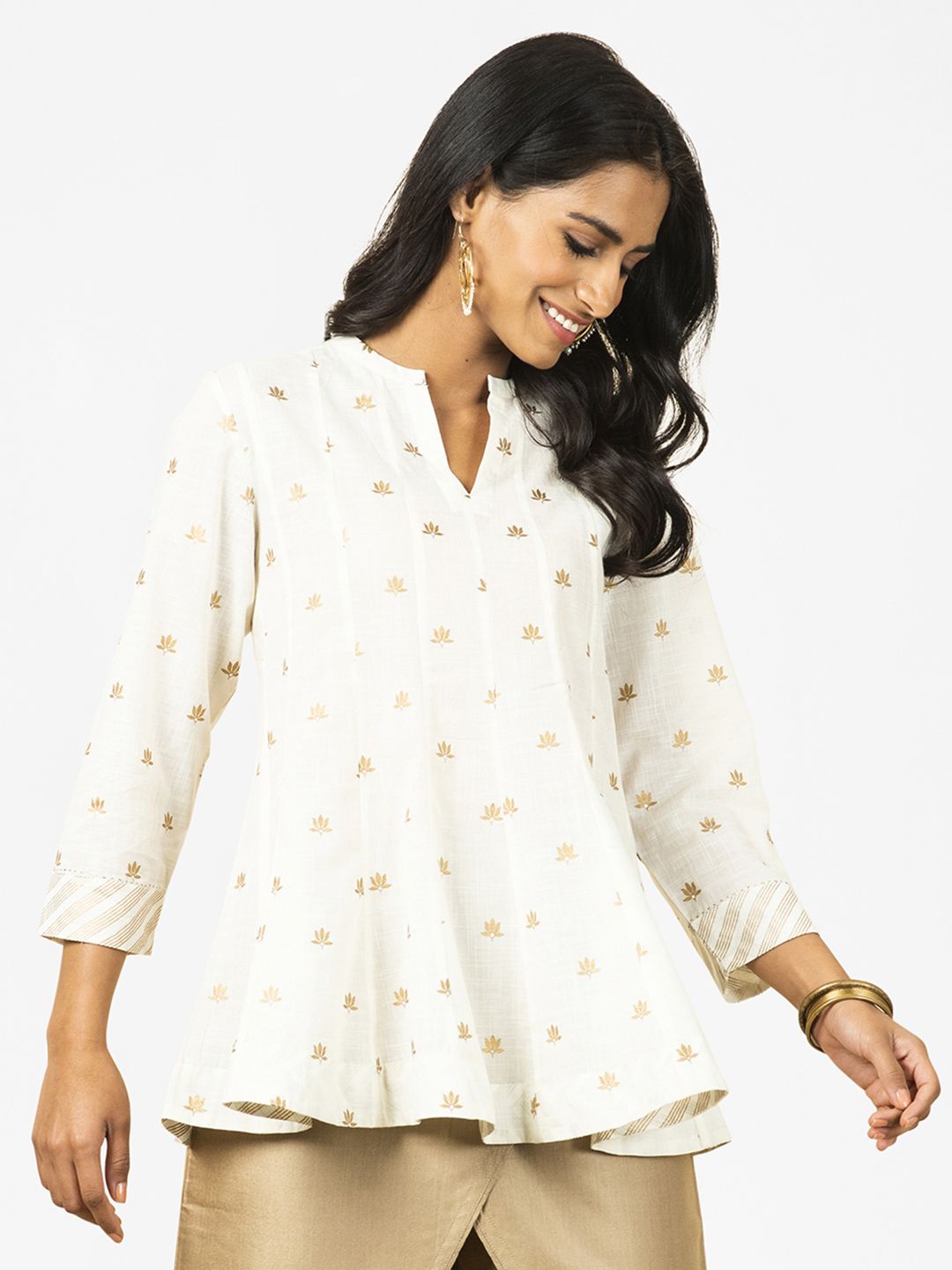 Fabindia Women White & Golden Printed Panelled A-Line Tunic Price in India