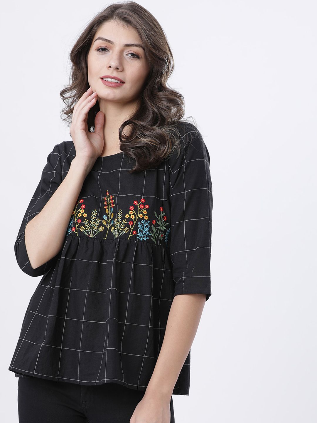 Vishudh Women White Checked Pure Cotton Top