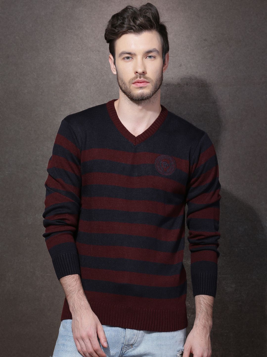 Roadster Men Maroon & Navy Striped Sweater