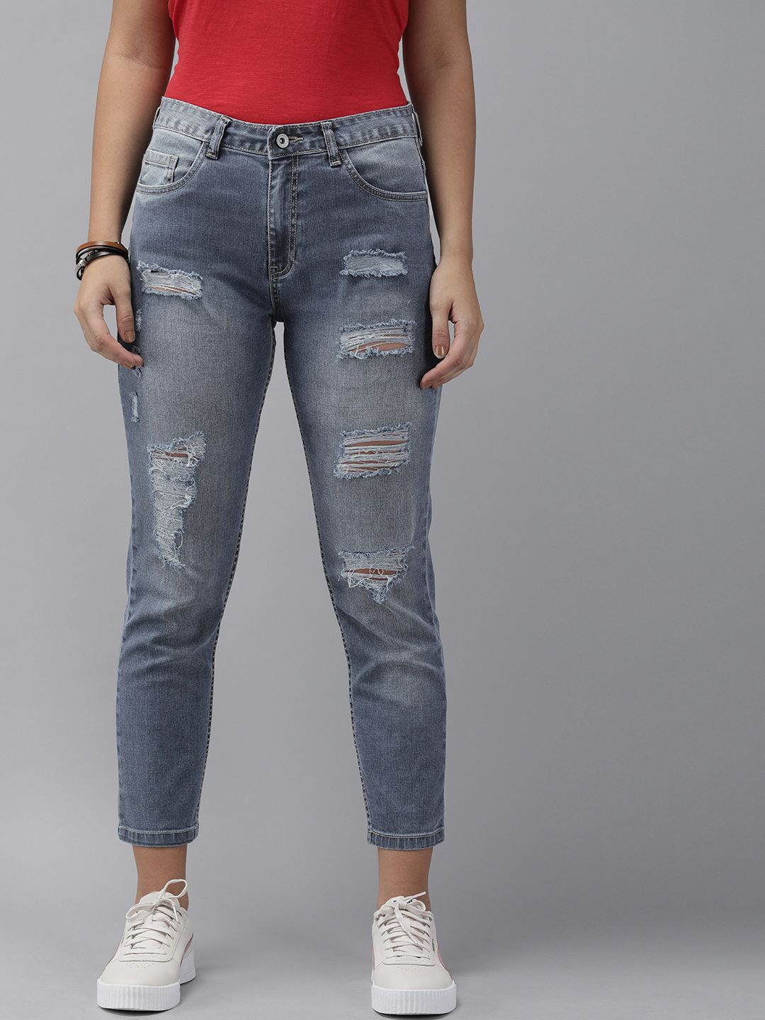Roadster Women Blue Boyfriend Fit Mid-Rise Highly Distressed Jeans Price in India