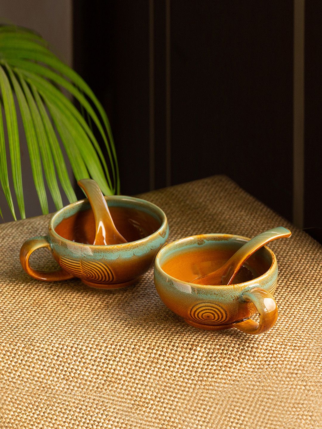 ExclusiveLane Brown & Sea Green Set of 2 Hand-Engraved Soup Bowls With Spoons 320 ML Each