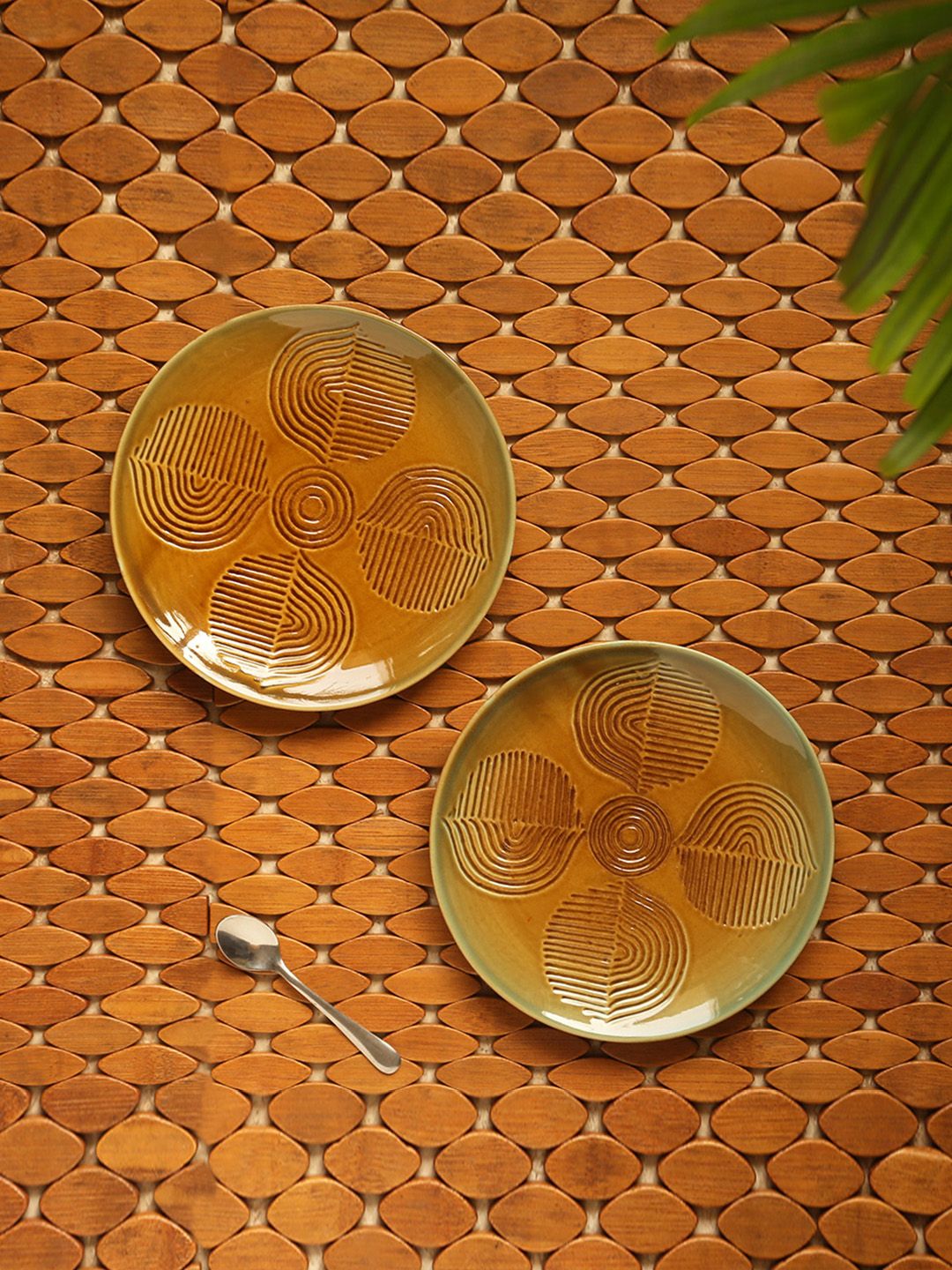 ExclusiveLane Set of 2 Brown Hand Engraved Ceramic Quarter Plates Price in India