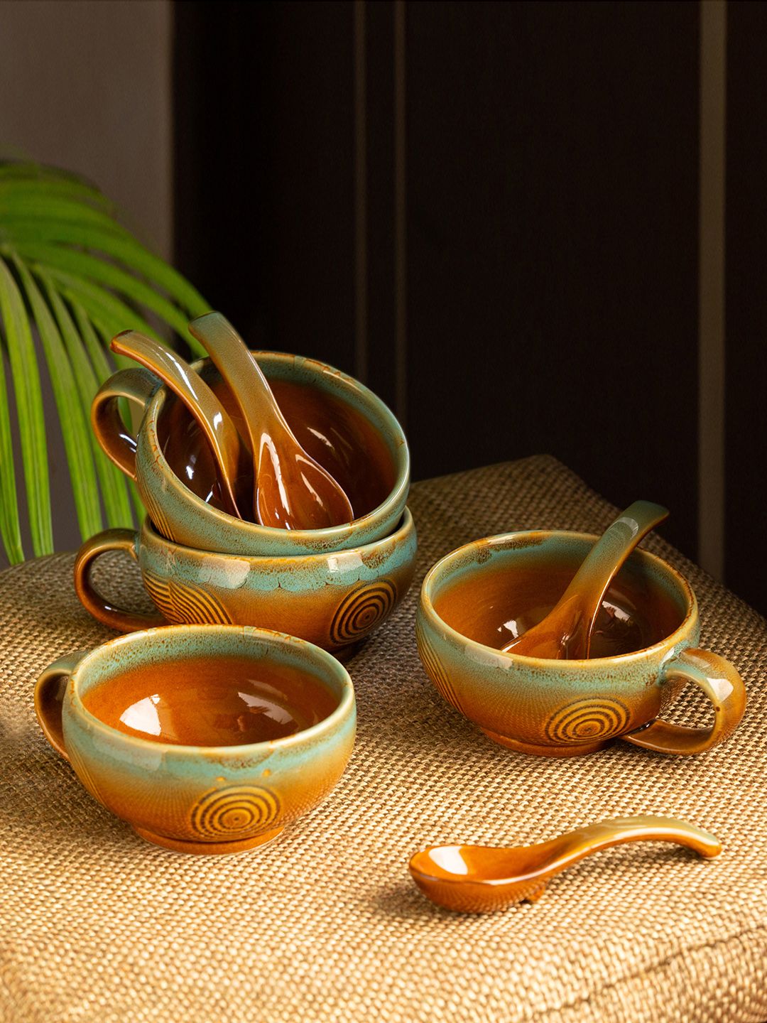 ExclusiveLane Set of 4 Brown & Sea Green Hand-Engraved Ceramic Soup Bowls With Spoons Price in India