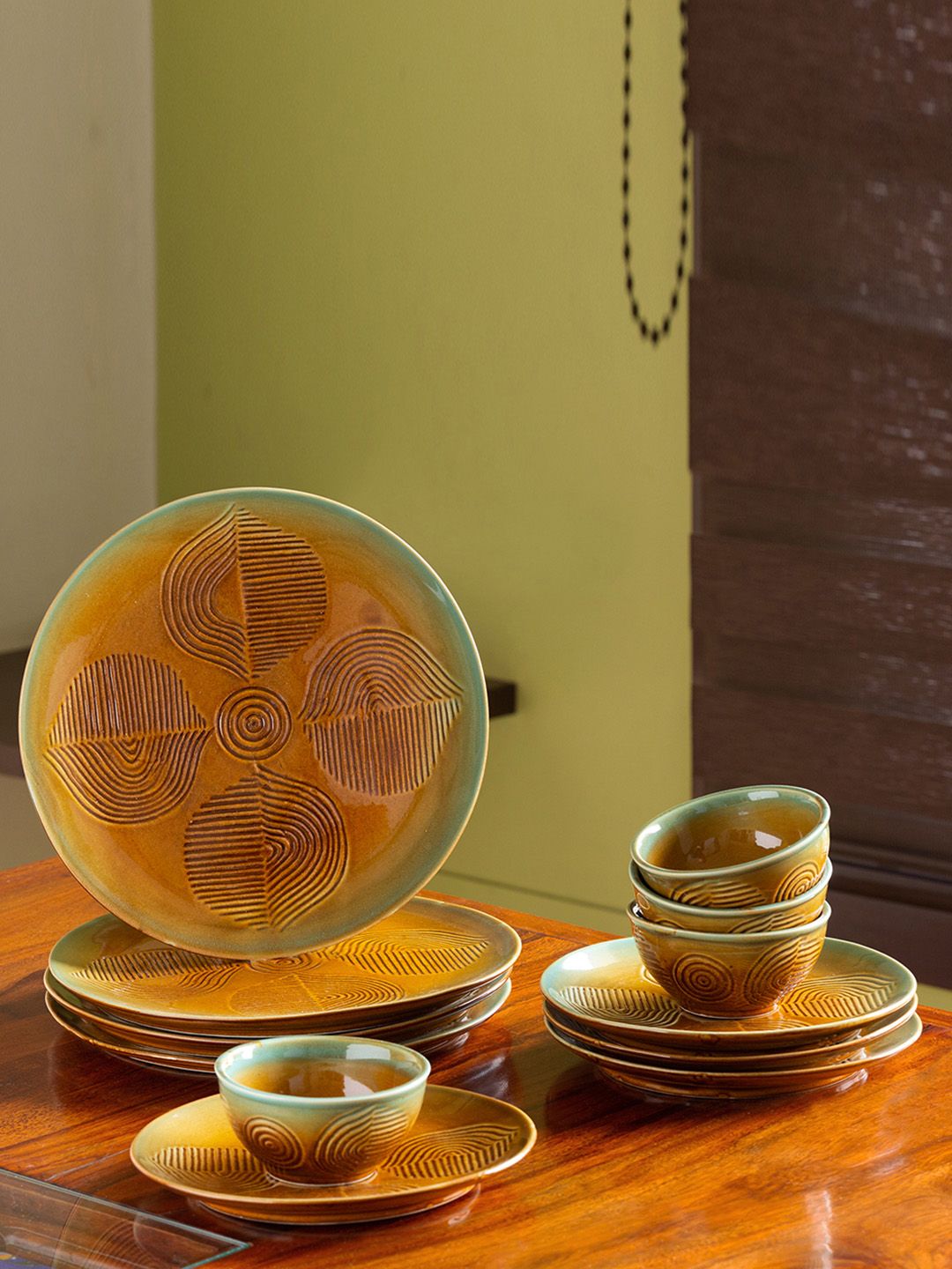 ExclusiveLane 12 Pieces Brown & Sea Green Hand-Engraved Ceramic Dinner Set Price in India