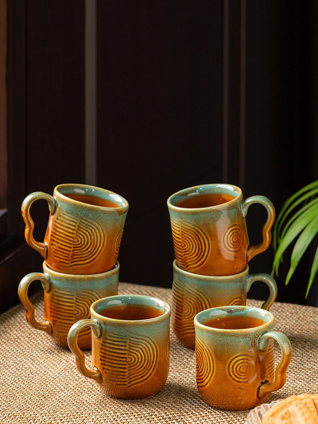 ExclusiveLane Set of 6 Brown & Sea Green Hand-Engraved Textured Ceramic Tea & Coffee Cups Price in India