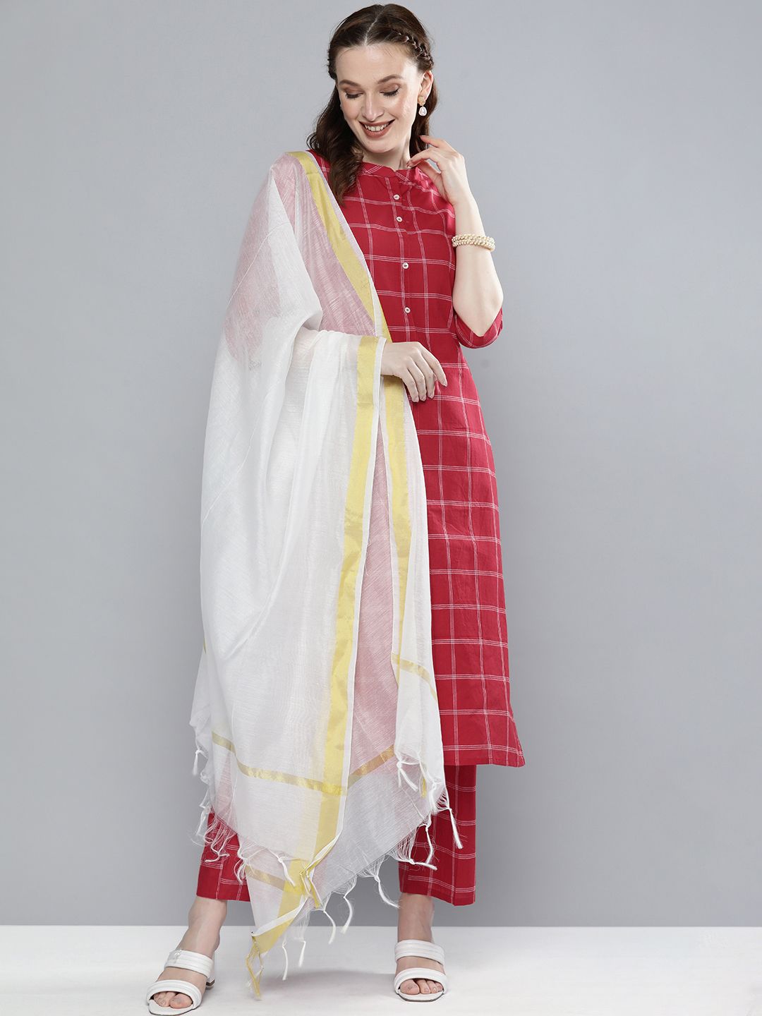 Vishudh Women Red & White Printed Kurta with Palazzos & Dupatta Price in India