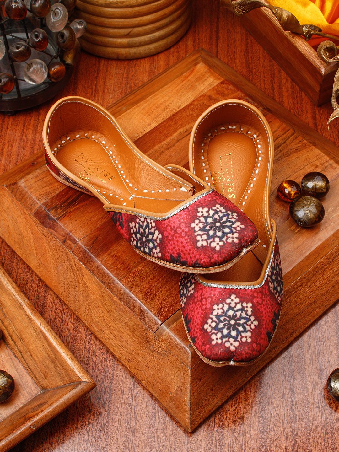 Sringam Women Red Printed Handcrafted Leather Mojaris Price in India