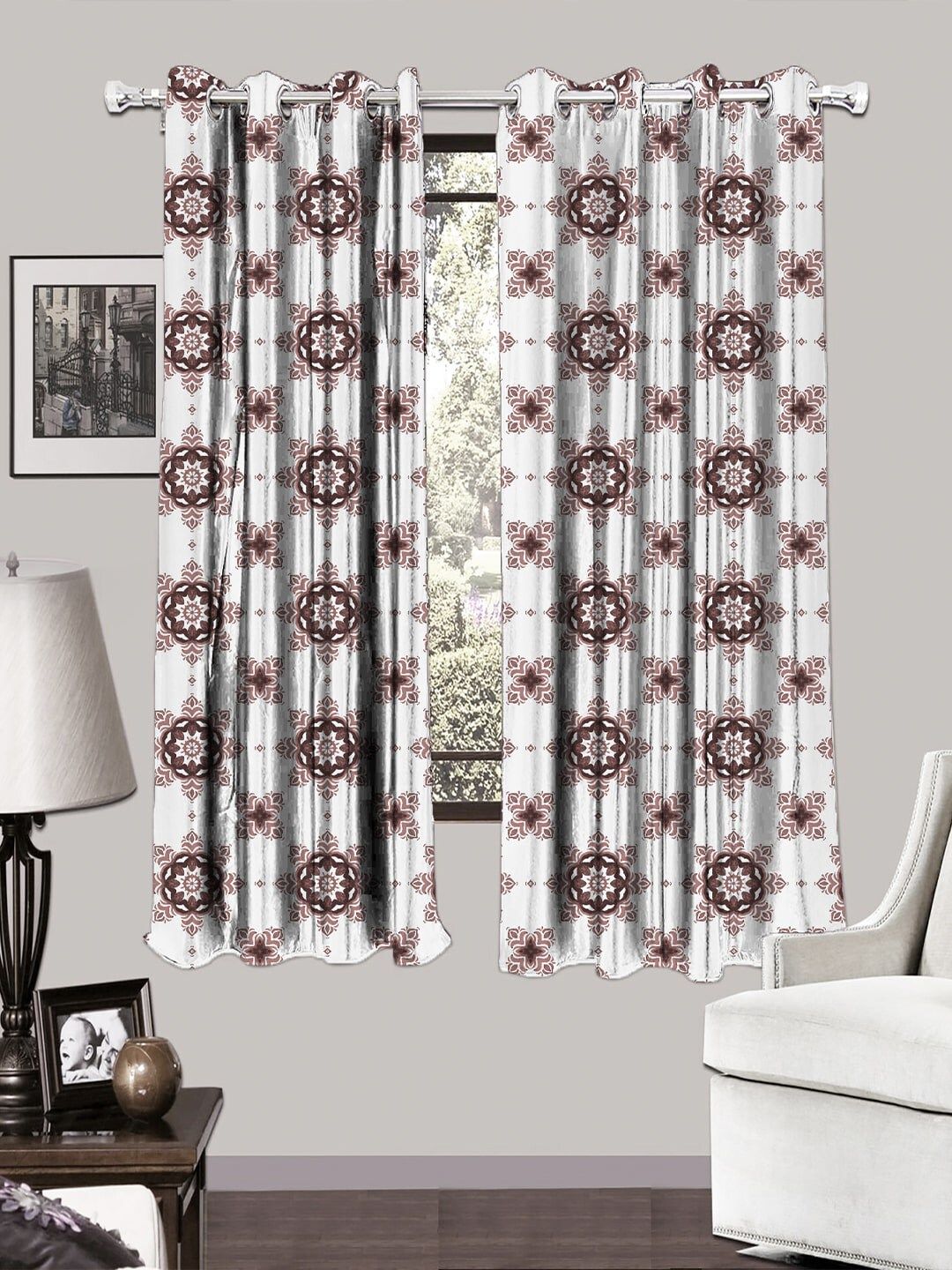 HOUZZCODE White & Burgundy Set of 2 Ethnic Motifs Printed Black Out Window Curtains Price in India