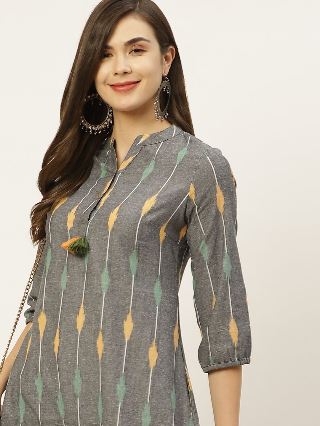 Taavi Grey & Yellow Ikat Sustainable Printed Midi A-Line Dress with Tassel Detail