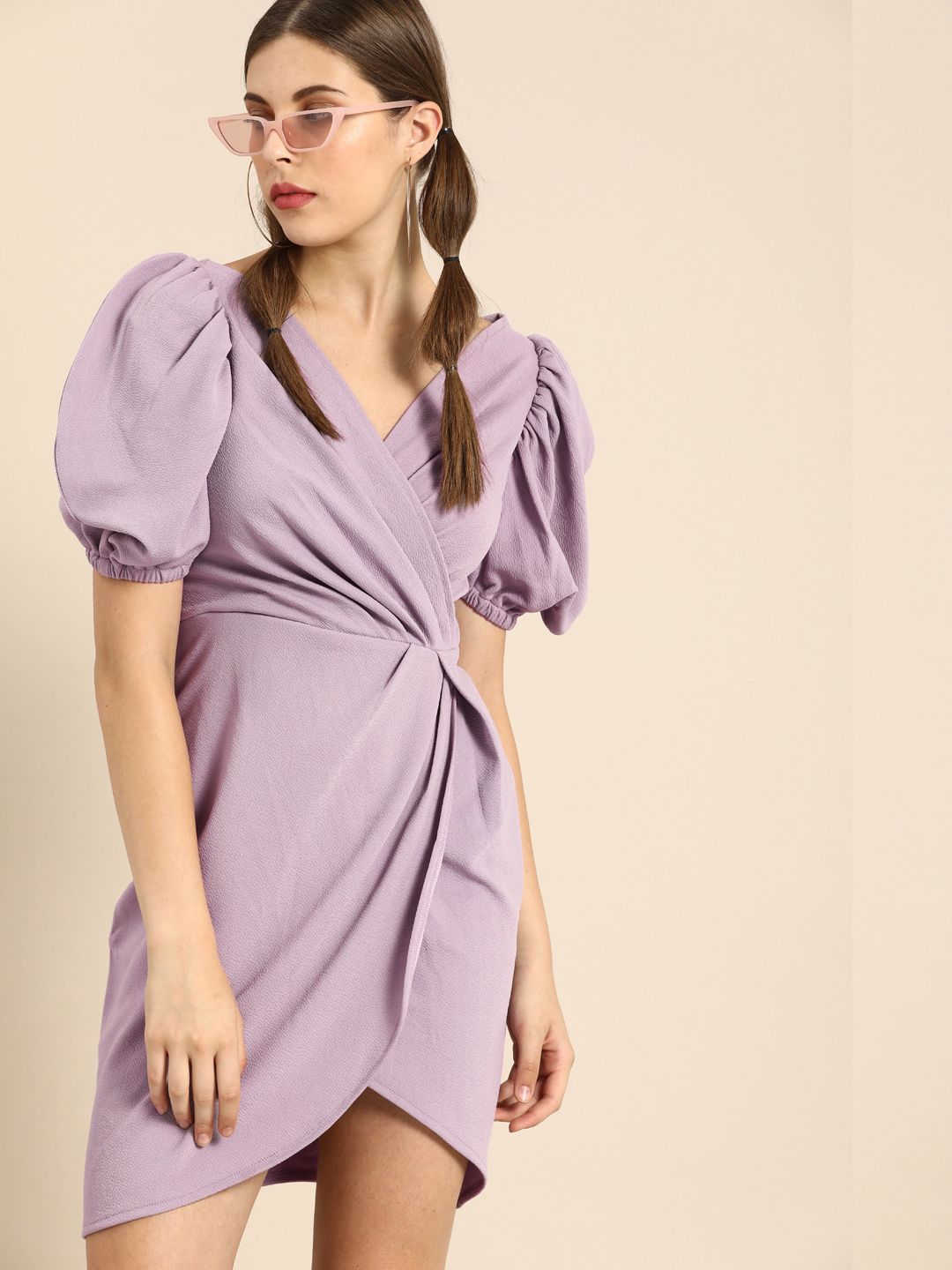 Athena Calm Mauve Puff Sleeves Wrap Dress