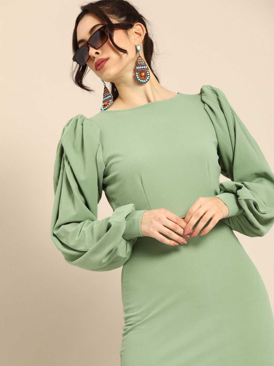 Athena Vintage Olive Green Puff Sleeves Bodycon Dress Price in India