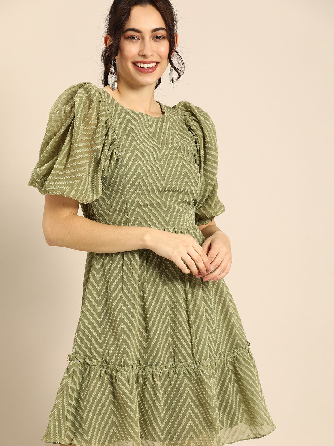 Athena Sage Green Dobby Pattern Geometric A-Line Dress Price in India