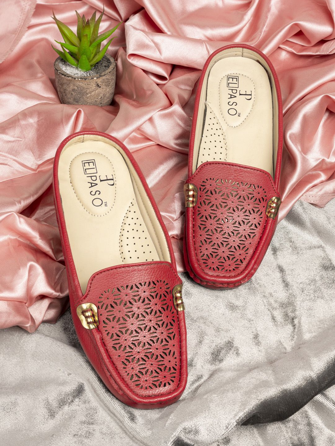 El Paso Women Red Perforations Leather Loafers Price in India