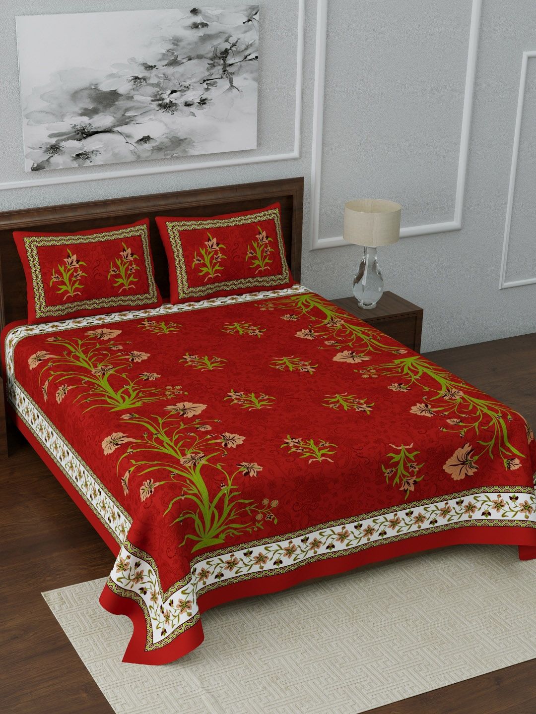 LIVING ROOTS Red & Green Floral 144 TC Cotton 1 Queen Bedsheet with 2 Pillow Covers Price in India