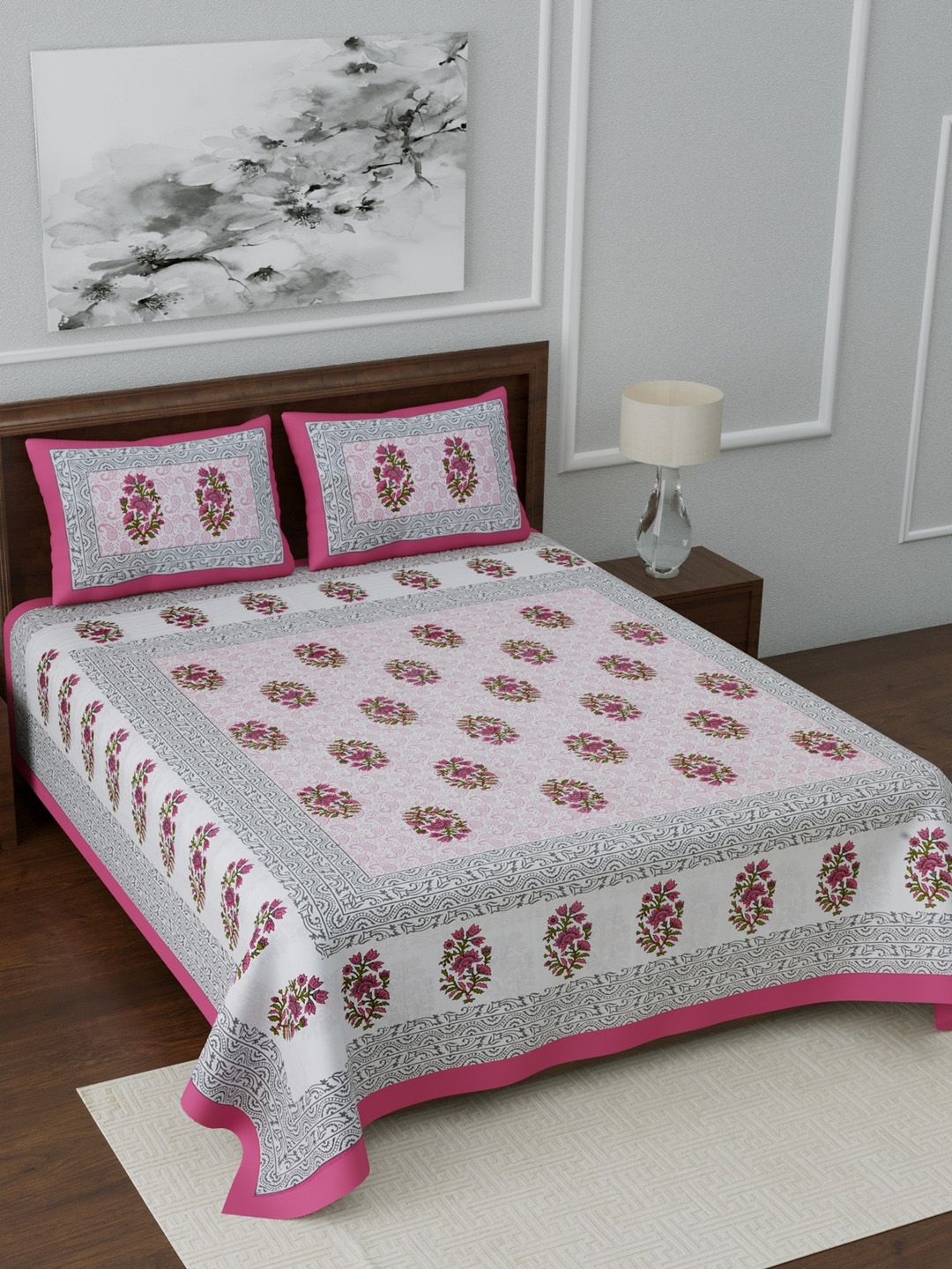 LIVING ROOTS White & Pink Floral 144 TC Cotton 1 Queen Bedsheet with 2 Pillow Covers Price in India