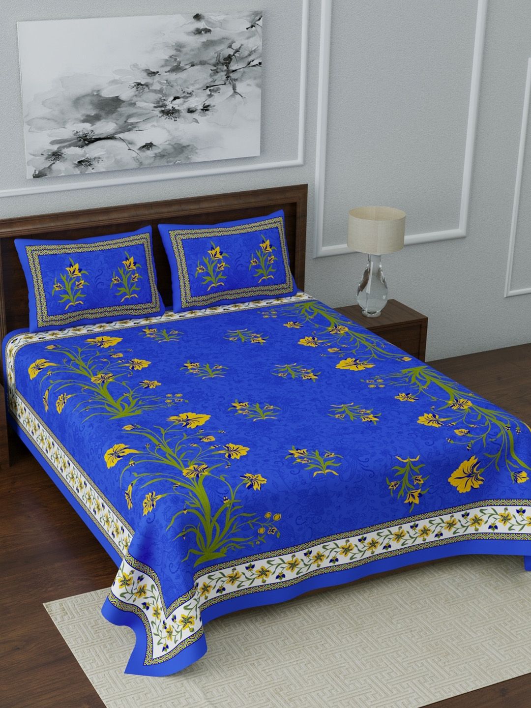 LIVING ROOTS Blue & Green Floral 144 TC Cotton 1 Queen Bedsheet with 2 Pillow Covers Price in India