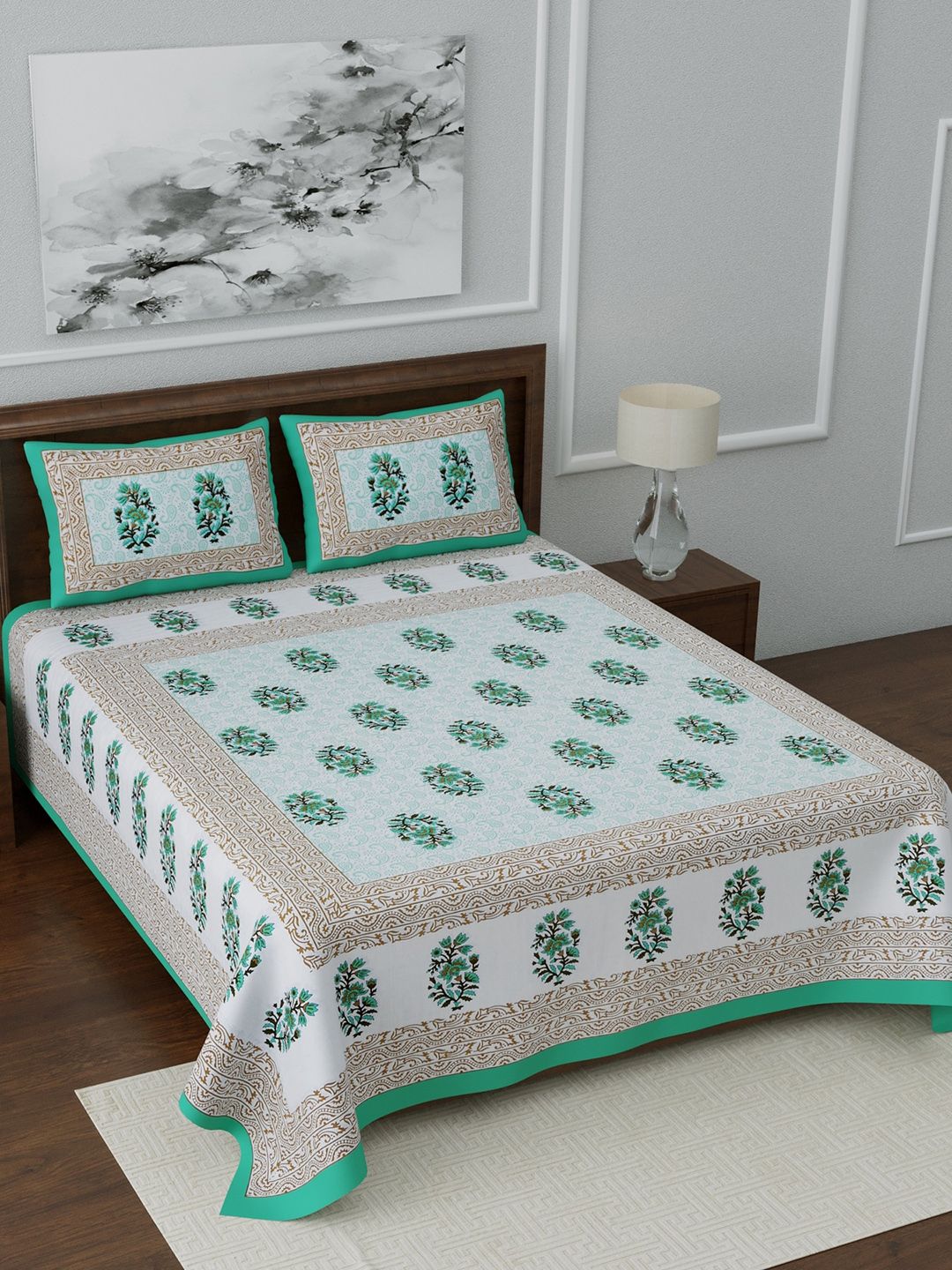 LIVING ROOTS White & Green Ethnic Motifs 144 TC Cotton 1 Queen Bedsheet with 2 Pillow Covers Price in India