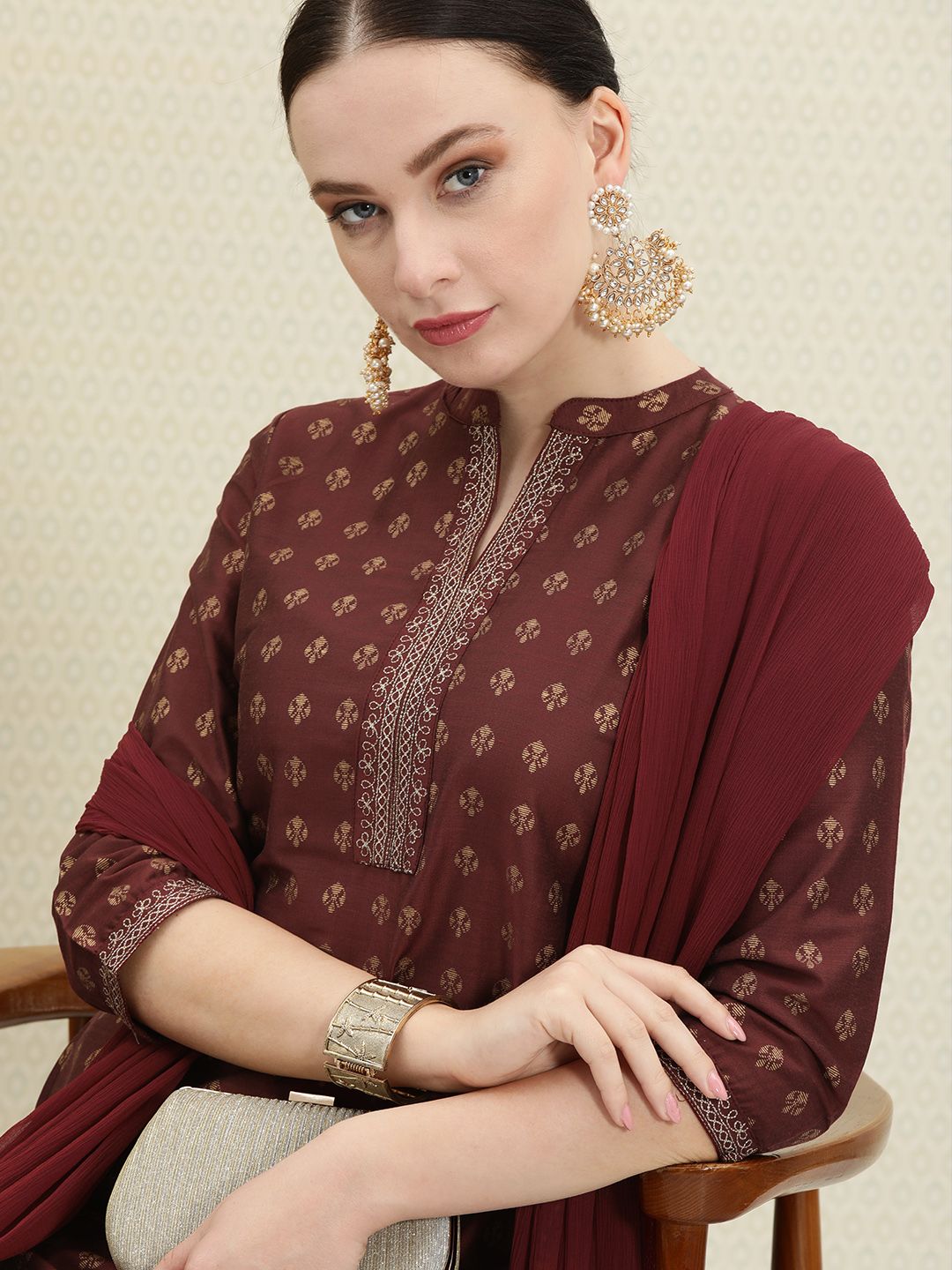 House of Pataudi Women Maroon Ethnic Motifs Printed Kurta with Trousers & With Dupatta