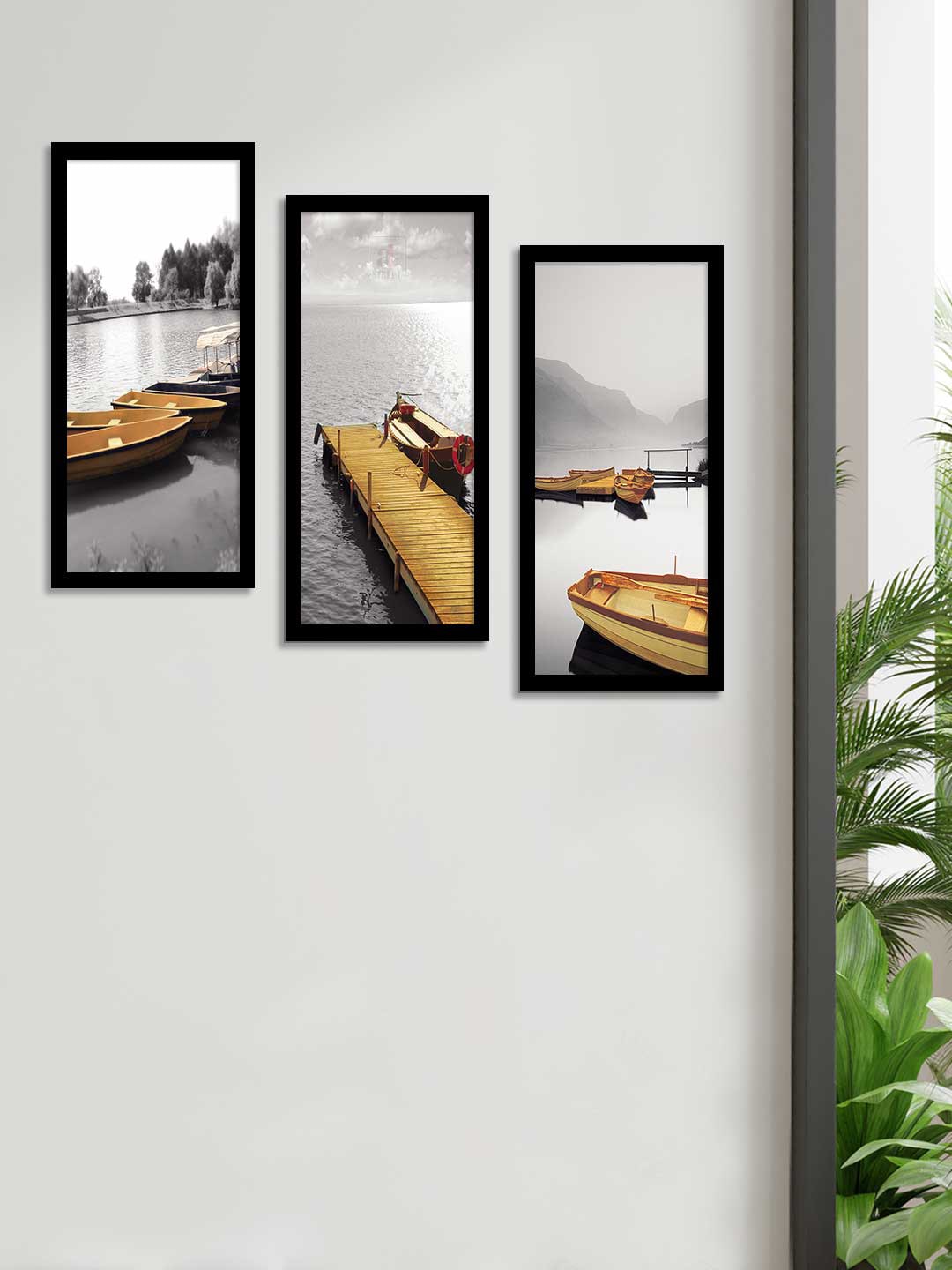 Art Street Set Of 3 Grey & Yellow Lakeside Theme Framed Paintings Price in India