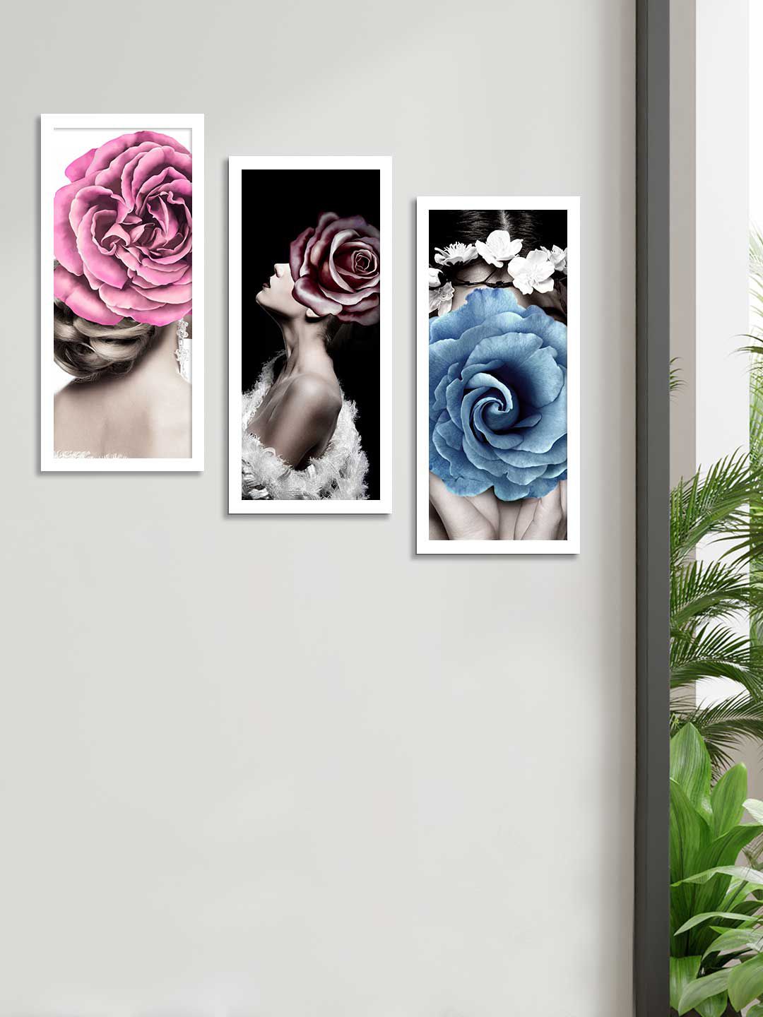 Art Street Set Of 3 Pink & Black Floral Theme Framed Paintings Price in India