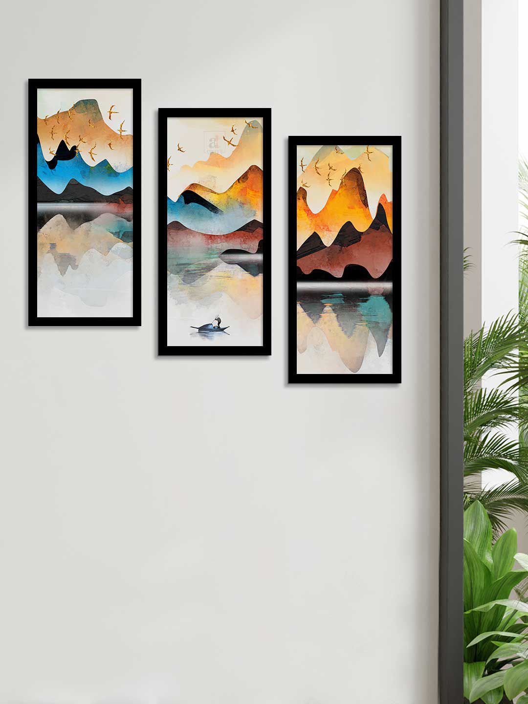 Art Street Set Of 3 Blue & Orange Abstract Landscape Theme Framed Paintings Price in India