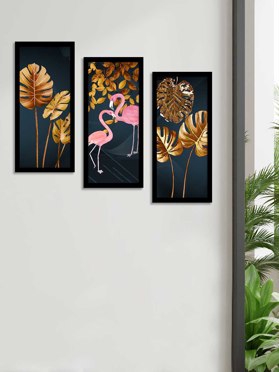 Art Street Set Of 3 Black & Brown Flamingo Theme Framed Paintings Price in India