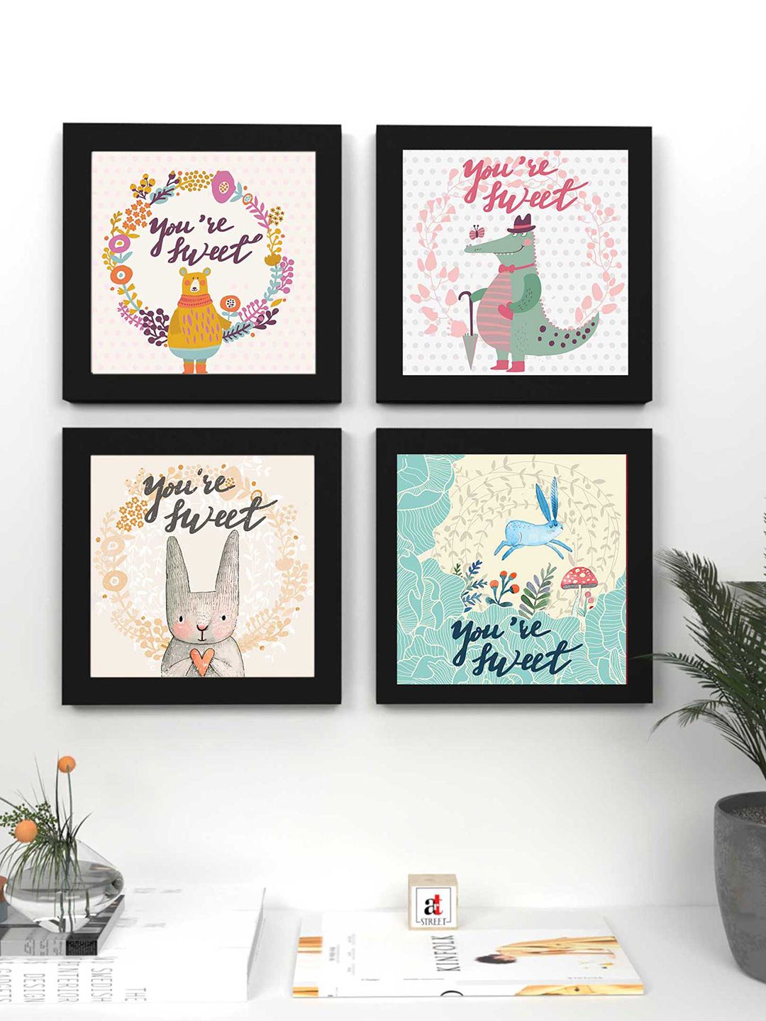 Art Street Set Of 4 White & Pink Animal Framed Wall Art Price in India