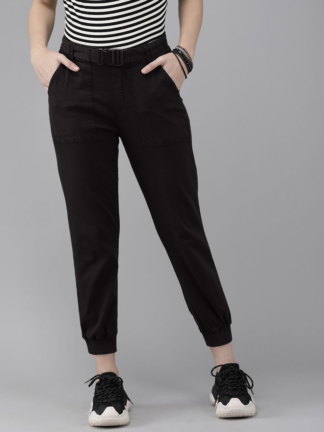 Roadster Women Black Solid Joggers Trousers Price in India